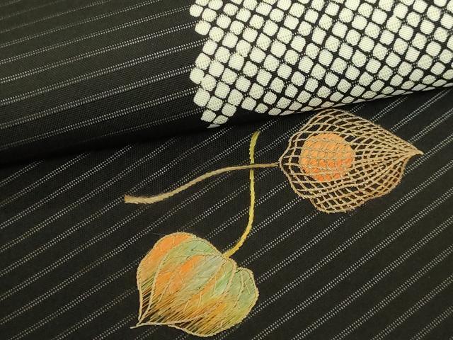 平和屋着物＊極上　夏物　絽塩瀬　九寸名古屋帯　刺繍　雪輪　ほおづき　黒地　逸品　DZAB8073kh6