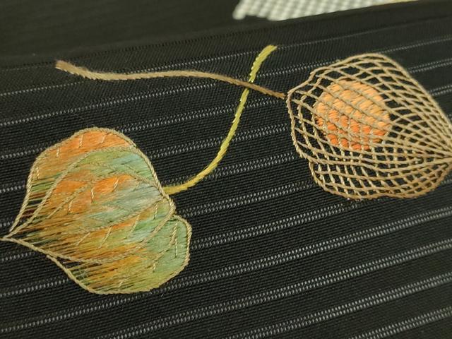 平和屋着物＊極上　夏物　絽塩瀬　九寸名古屋帯　刺繍　雪輪　ほおづき　黒地　逸品　DZAB8073kh6