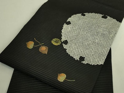 平和屋着物＊極上　夏物　絽塩瀬　九寸名古屋帯　刺繍　雪輪　ほおづき　黒地　逸品　DZAB8073kh6