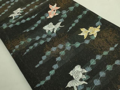 平和屋着物＊極上　夏物　六通柄袋帯　金魚　黒地　金糸　逸品　DZAB8079kh6