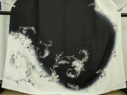 平和屋本店●極上　訪問着　総刺繍　胡蝶蘭　百合　薔薇　花唐草文　白×黒　暈し染め　金糸　逸品　未使用　DZAB8113kh6
