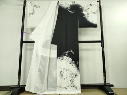 平和屋本店●極上　訪問着　総刺繍　胡蝶蘭　百合　薔薇　花唐草文　白×黒　暈し染め　金糸　逸品　未使用　DZAB8113kh6
