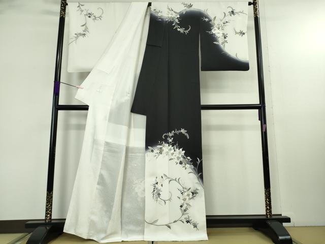 平和屋本店●極上　訪問着　総刺繍　胡蝶蘭　百合　薔薇　花唐草文　白×黒　暈し染め　金糸　逸品　未使用　DZAB8113kh6