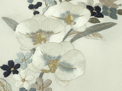 平和屋本店●極上　訪問着　総刺繍　胡蝶蘭　百合　薔薇　花唐草文　白×黒　暈し染め　金糸　逸品　未使用　DZAB8113kh6