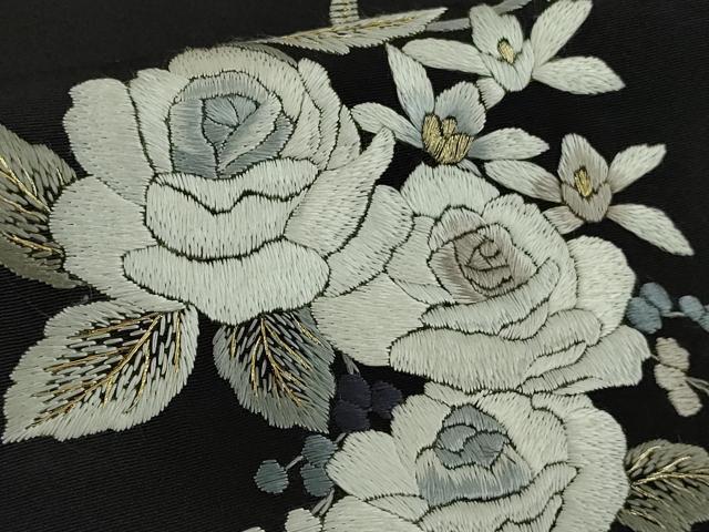 平和屋本店●極上　訪問着　総刺繍　胡蝶蘭　百合　薔薇　花唐草文　白×黒　暈し染め　金糸　逸品　未使用　DZAB8113kh6