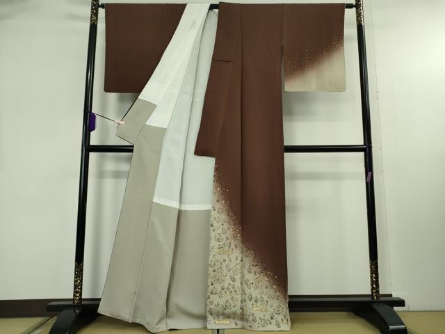 平和屋本店●極上　人間国宝　福田喜三郎　訪問着　鳥獣草花文　黒茶色地　暈し染め　金彩　縮緬地　逸品　DZAB8115kh6