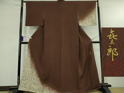 平和屋本店●極上　人間国宝　福田喜三郎　訪問着　鳥獣草花文　黒茶色地　暈し染め　金彩　縮緬地　逸品　DZAB8115kh6