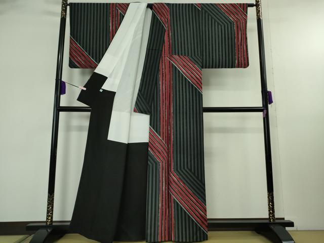 平和屋本店●極上　キモノデザイナー　斉藤上太郎　お召　幾何学文様　反端付き　逸品　DZAB8118kh6