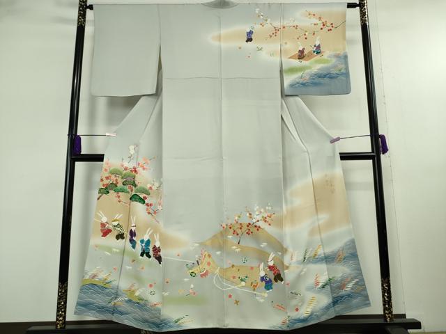 平和屋着物●極上 児島元気 アトリエ 聖jin苑 BANKANわものや 訪問着 駒刺繍 兎 宝尽くし 漁 暈し染め 金彩 たとう紙付き 逸品 DZAB8130kh6