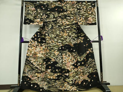 平和屋本店●極上　訪問着　総刺繍　渡橋風景花文　黒地　金糸　逸品　未使用　DZAB8138kh6