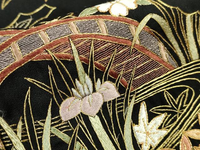 平和屋本店●極上　訪問着　総刺繍　渡橋風景花文　黒地　金糸　逸品　未使用　DZAB8138kh6