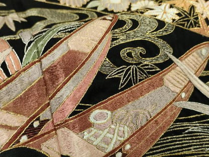 平和屋本店●極上　訪問着　総刺繍　渡橋風景花文　黒地　金糸　逸品　未使用　DZAB8138kh6
