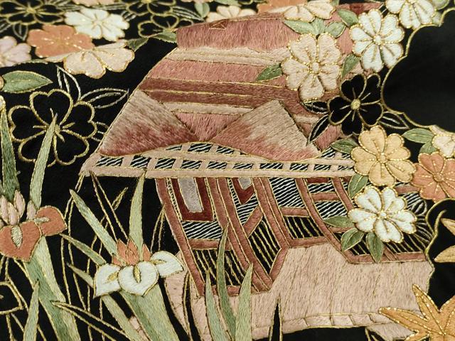 平和屋本店●極上　訪問着　総刺繍　渡橋風景花文　黒地　金糸　逸品　未使用　DZAB8138kh6