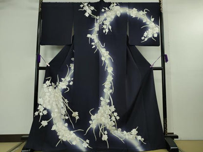 平和屋本店●極上　訪問着　総手刺繍　駒刺繍　胡蝶蘭　鉄紺色地　暈し染め　金糸　ロング丈　逸品　DZAB8140kh6