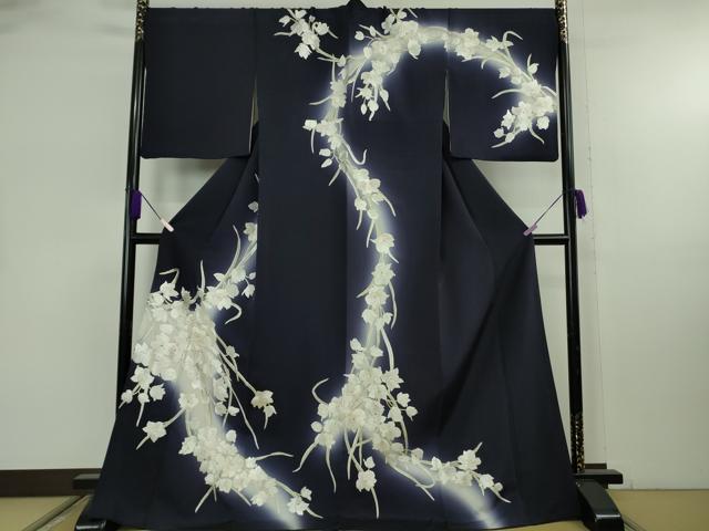 平和屋本店●極上　訪問着　総手刺繍　駒刺繍　胡蝶蘭　鉄紺色地　暈し染め　金糸　ロング丈　逸品　DZAB8140kh6
