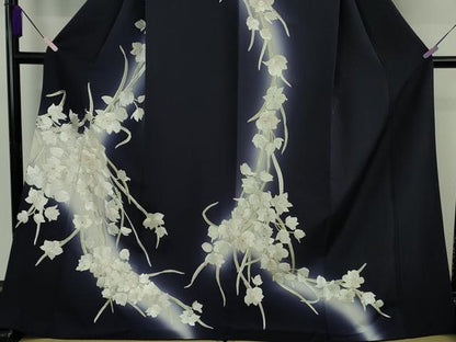 平和屋本店●極上　訪問着　総手刺繍　駒刺繍　胡蝶蘭　鉄紺色地　暈し染め　金糸　ロング丈　逸品　DZAB8140kh6
