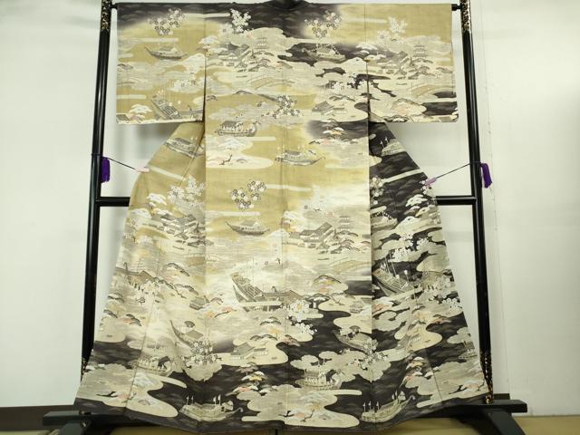 平和屋本店●極上　染織の名門　しょうざん  生紬　訪問着　風景花舟文　暈し染め　証紙付き　逸品　未使用　DZAB8147kh6