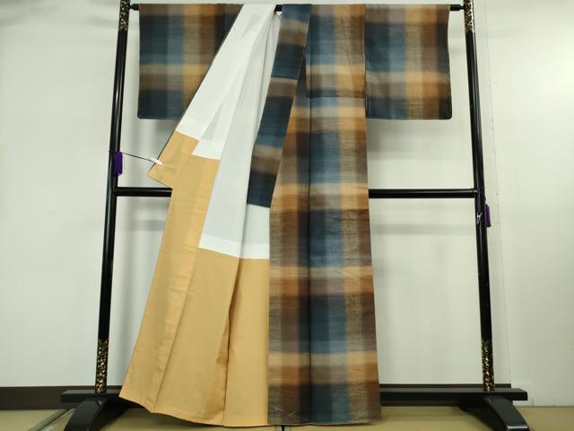 平和屋本店●極上　郡上紬　草木染　宗広ふきゑ作　格子　逸品　未使用　DZAB8150kh6