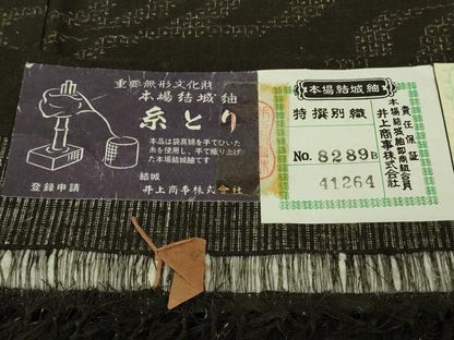 平和屋着物●極上　本場結城紬　重要無形文化財　井上商事謹製　80亀甲　観世水　黒地　証紙付き　逸品　DZAB8156kh6