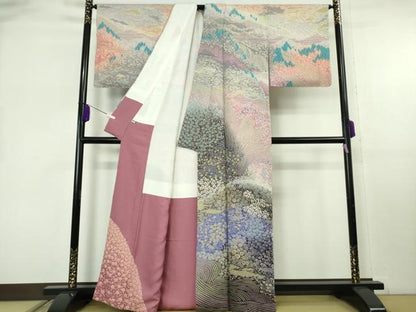 平和屋本店●極上　十日町　名門　滝泰謹製　訪問着　相良刺繍　おぼろ染　襲ね絞り　風景花文　暈し染め　金通し地　逸品　DZAB8164kh6