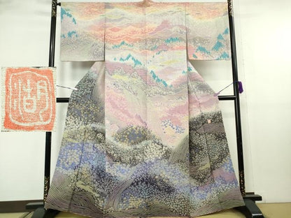 平和屋本店●極上　十日町　名門　滝泰謹製　訪問着　相良刺繍　おぼろ染　襲ね絞り　風景花文　暈し染め　金通し地　逸品　DZAB8164kh6