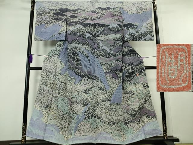 平和屋本店●極上　十日町 名門 滝泰謹製　訪問着　相良刺繍　おぼろ染 襲ね絞り　風景花文　暈し染め　金糸　銀通し地　逸品　DZAB8165kh6