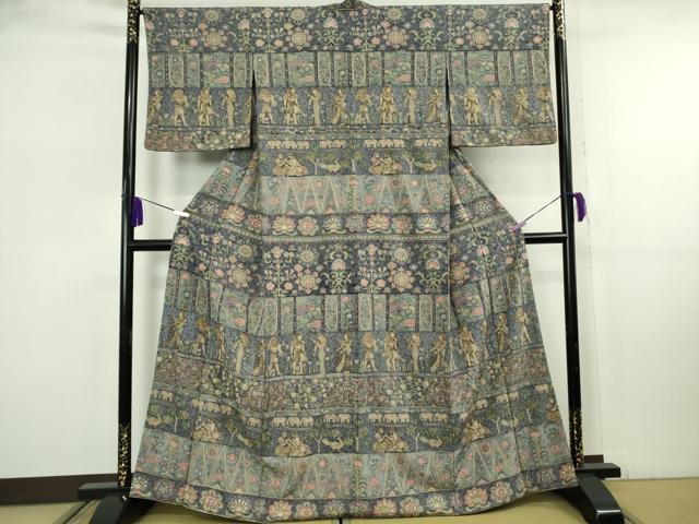 平和屋本店●極上 中国三大刺繍 スワトウ刺繍 汕頭刺繍 総刺繍 訪問着 エジプト壁画文様 象 人物 鳥 金糸　鬼しぼ縮緬　逸品　DZAB8172kh6
