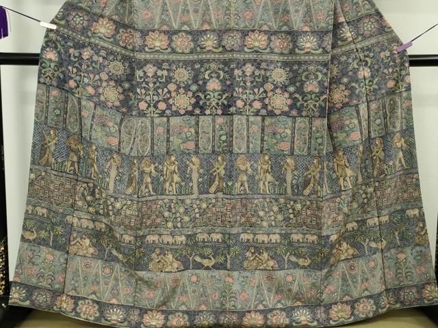 平和屋本店●極上 中国三大刺繍 スワトウ刺繍 汕頭刺繍 総刺繍 訪問着 エジプト壁画文様 象 人物 鳥 金糸　鬼しぼ縮緬　逸品　DZAB8172kh6