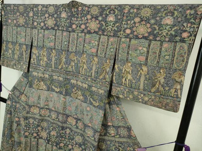 平和屋本店●極上 中国三大刺繍 スワトウ刺繍 汕頭刺繍 総刺繍 訪問着 エジプト壁画文様 象 人物 鳥 金糸　鬼しぼ縮緬　逸品　DZAB8172kh6
