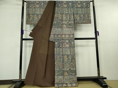 平和屋本店●極上 中国三大刺繍 スワトウ刺繍 汕頭刺繍 総刺繍 訪問着 エジプト壁画文様 象 人物 鳥 金糸　鬼しぼ縮緬　逸品　DZAB8172kh6