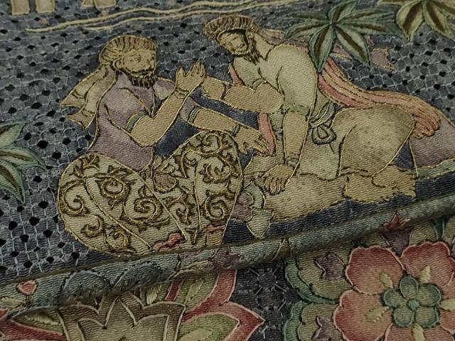 平和屋本店●極上 中国三大刺繍 スワトウ刺繍 汕頭刺繍 総刺繍 訪問着 エジプト壁画文様 象 人物 鳥 金糸　鬼しぼ縮緬　逸品　DZAB8172kh6