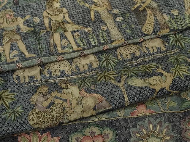 平和屋本店●極上 中国三大刺繍 スワトウ刺繍 汕頭刺繍 総刺繍 訪問着 エジプト壁画文様 象 人物 鳥 金糸　鬼しぼ縮緬　逸品　DZAB8172kh6