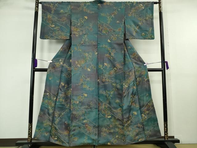 平和屋本店●極上　中国三大刺繍 スワトウ刺繍 汕頭刺繍 総刺繍 小紋 辻が花　葵　暈し染め　金糸　銀通し地　反端付き　逸品　DZAB8175kh6