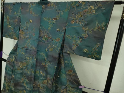 平和屋本店●極上　中国三大刺繍 スワトウ刺繍 汕頭刺繍 総刺繍 小紋 辻が花　葵　暈し染め　金糸　銀通し地　反端付き　逸品　DZAB8175kh6