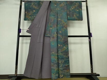 平和屋本店●極上　中国三大刺繍 スワトウ刺繍 汕頭刺繍 総刺繍 小紋 辻が花　葵　暈し染め　金糸　銀通し地　反端付き　逸品　DZAB8175kh6