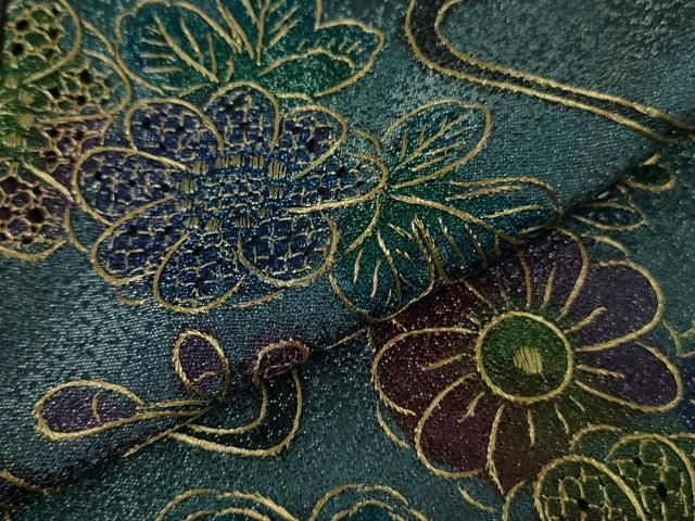 平和屋本店●極上　中国三大刺繍 スワトウ刺繍 汕頭刺繍 総刺繍 小紋 辻が花　葵　暈し染め　金糸　銀通し地　反端付き　逸品　DZAB8175kh6