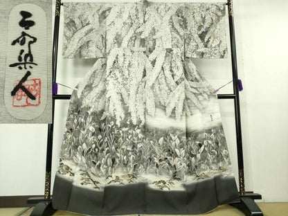 平和屋本店●極上　琉染の創設者　山岡古都　水墨書　訪問着　雪柳　暈し染め　金彩　反端付き　逸品　DZAB8178kh6