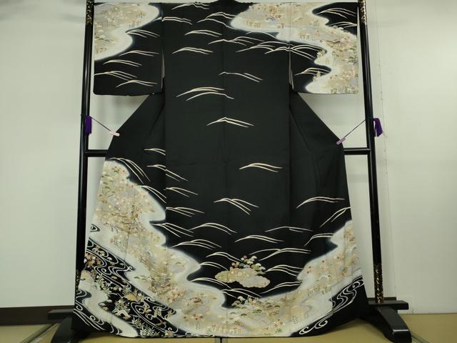 平和屋本店●極上　訪問着　駒刺繍　風景花文　黒地　金彩　逸品　DZAB8182kh6