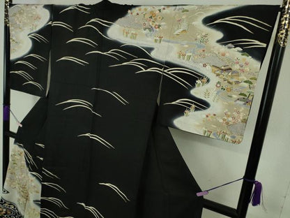 平和屋本店●極上　訪問着　駒刺繍　風景花文　黒地　金彩　逸品　DZAB8182kh6