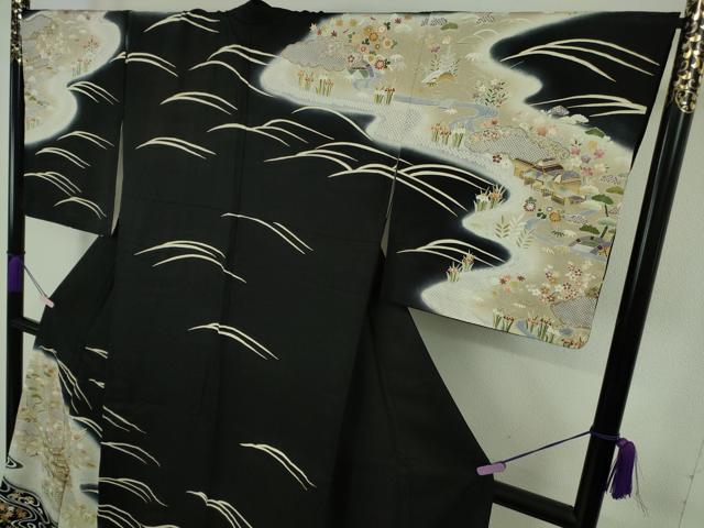 平和屋本店●極上　訪問着　駒刺繍　風景花文　黒地　金彩　逸品　DZAB8182kh6