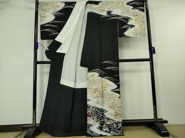 平和屋本店●極上　訪問着　駒刺繍　風景花文　黒地　金彩　逸品　DZAB8182kh6