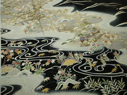 平和屋本店●極上　訪問着　駒刺繍　風景花文　黒地　金彩　逸品　DZAB8182kh6