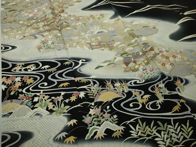 平和屋本店●極上　訪問着　駒刺繍　風景花文　黒地　金彩　逸品　DZAB8182kh6