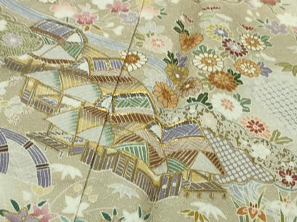 平和屋本店●極上　訪問着　駒刺繍　風景花文　黒地　金彩　逸品　DZAB8182kh6