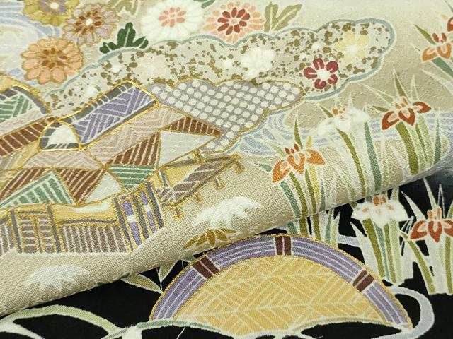 平和屋本店●極上　訪問着　駒刺繍　風景花文　黒地　金彩　逸品　DZAB8182kh6