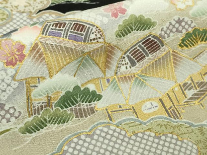 平和屋本店●極上　訪問着　駒刺繍　風景花文　黒地　金彩　逸品　DZAB8182kh6