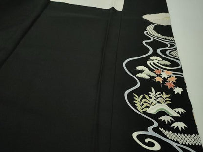 平和屋本店●極上　訪問着　駒刺繍　風景花文　黒地　金彩　逸品　DZAB8182kh6