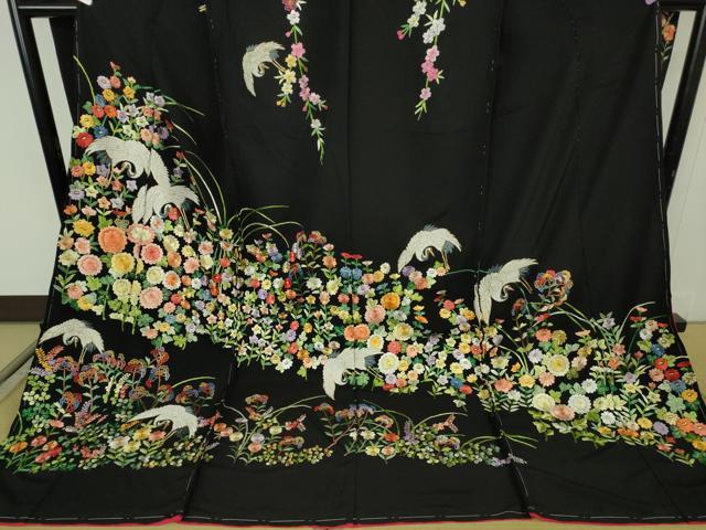 平和屋本店●極上 相良刺繍 総刺繍 お引きずり・引き振袖 結婚式 舞妓 芸妓 芸者 群鶴花文 黒地　金糸　仮絵羽　逸品　未使用　DZAB8183kh6