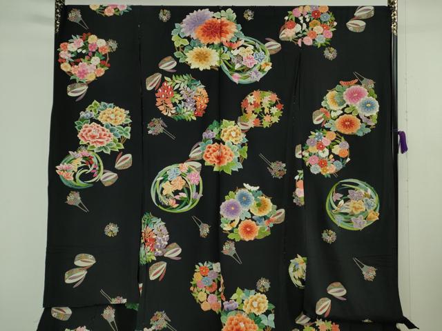 平和屋本店●極上 相良刺繍 お引きずり・引き振袖 結婚式 舞妓 芸妓 芸者 衣装 駒刺繍 花丸文 黒地 金糸 仮絵羽 逸品 未使用 DZAB8184kh6