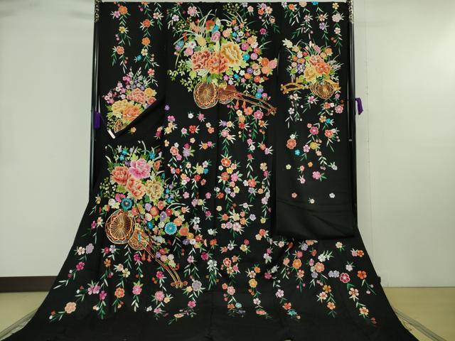 平和屋本店●極上 相良刺繍 総刺繍 お引きずり・引き振袖 結婚式 舞妓 芸妓 芸者 衣装 駒刺繍 花車 黒地 仮絵羽 逸品　未使用　DZAB8185kh6